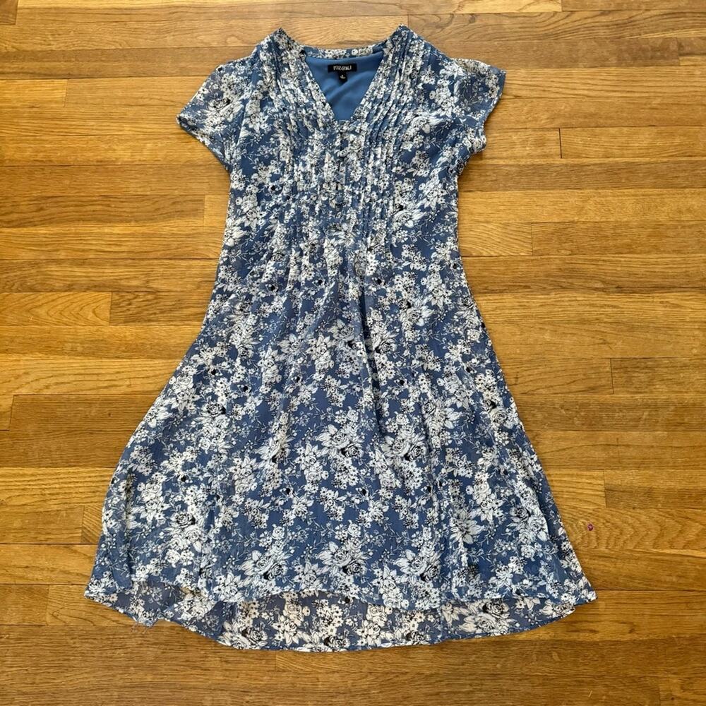 Roz & Ali blue gray cap sleeve floral flower pleated midi dress size 6
b17